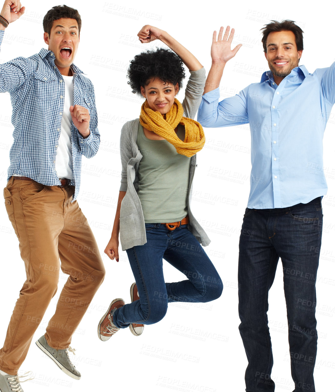 Buy stock photo Excited, jump and portrait of people in studio for team building, collaboration and job success. Employee, smile and happy with celebration for partnership, winning or achievement on white background