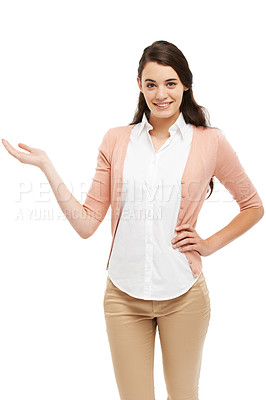 Buy stock photo Woman, portrait with hand to show advertisement for college recruitment and apply in studio. Student council, mockup and present promotion for university with announcement and white background