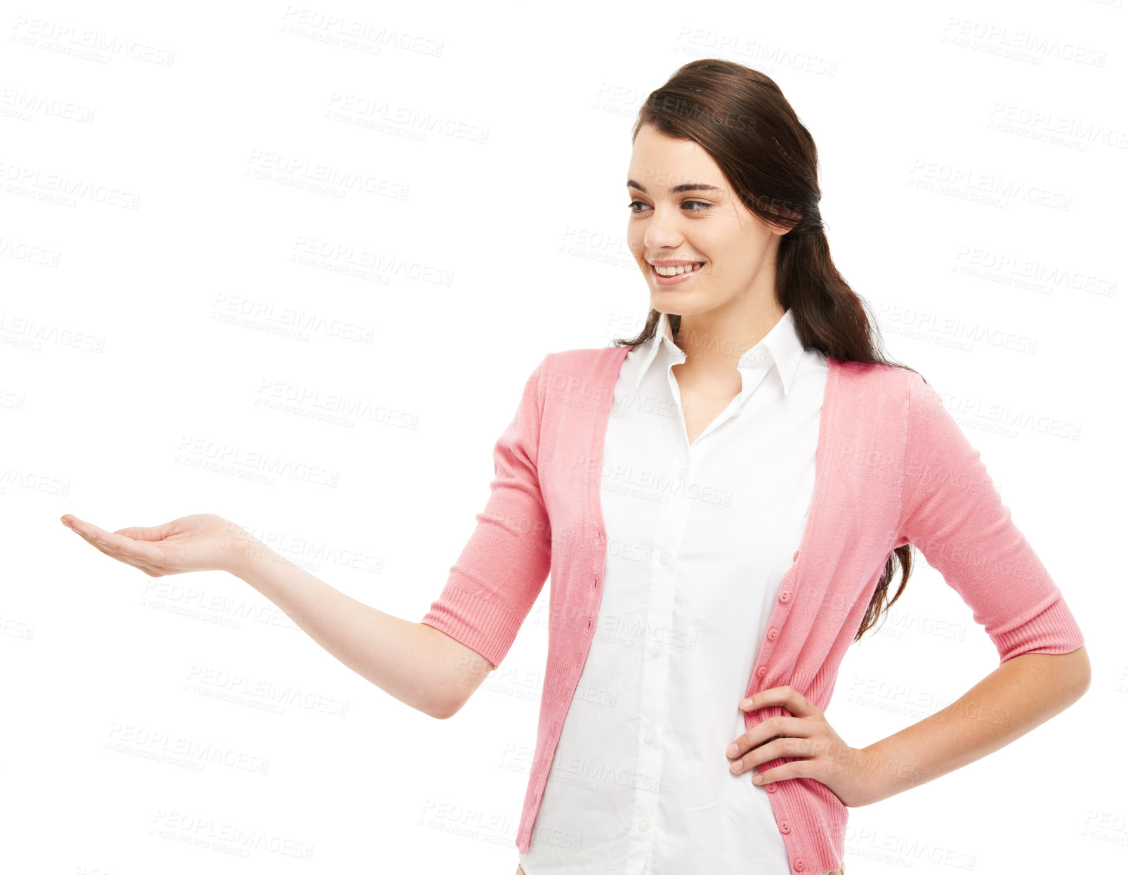 Buy stock photo Woman, about us with hand to show advertisement for college recruitment and apply in studio. Student council, mockup and present promotion for university with announcement and white background