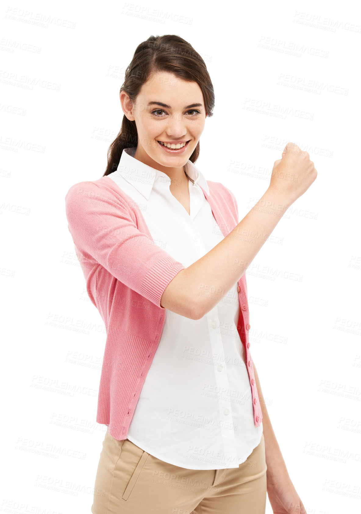 Buy stock photo Excited, fist pump and portrait of business woman in studio for success, winning and job promotion. Professional, happy and isolated person with hand gesture for achievement on white background