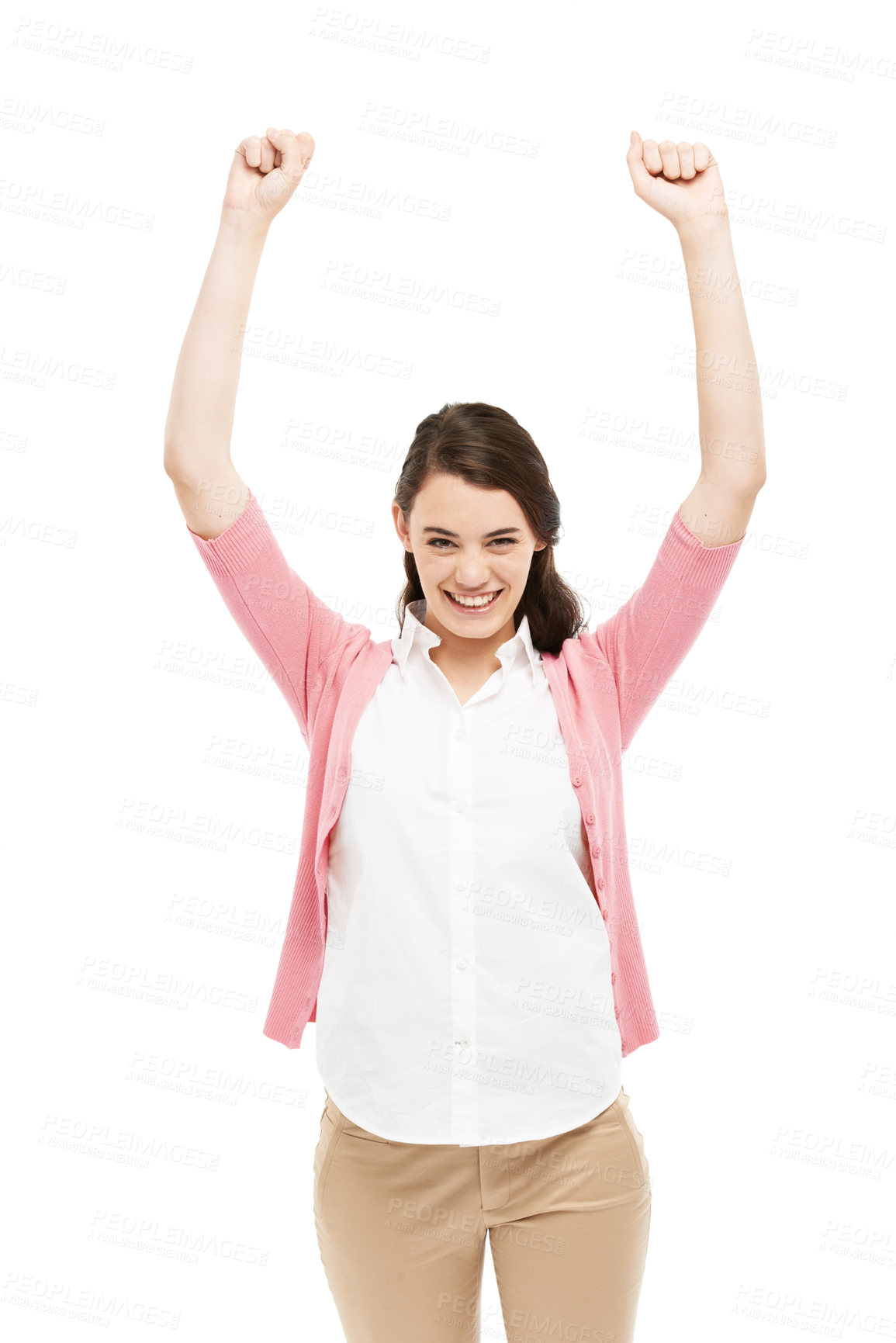 Buy stock photo Celebrate, fist pump and portrait of business woman in studio for success, winning and job promotion. Professional, happy and isolated person with victory, good news and bonus on white background