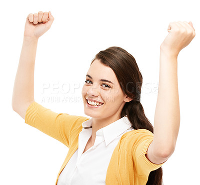 Buy stock photo Excited, celebrate and portrait of business woman in studio for success, winning and job promotion. Professional, happy and person with fist pump for bonus, victory or achievement on white background