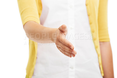 Buy stock photo hand, woman and greet in studio for welcome or congratulations on hiring and recruitment as hr manager. Female person, employee and isolated on white background for deal, partnership and closeup