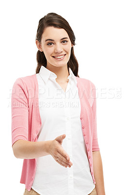 Buy stock photo Happy, woman and hand shake in studio for welcome or congratulations on hiring and recruitment as hr manager. Female employee, portrait and smile on white background for deal, partnership and thanks 