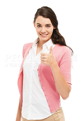 Buy stock photo Girl, student and thumbs up in studio portrait with vote, choice or decision for education by white background. Person, woman and happy with sign, icon and symbol for yes, like and agreement in Italy