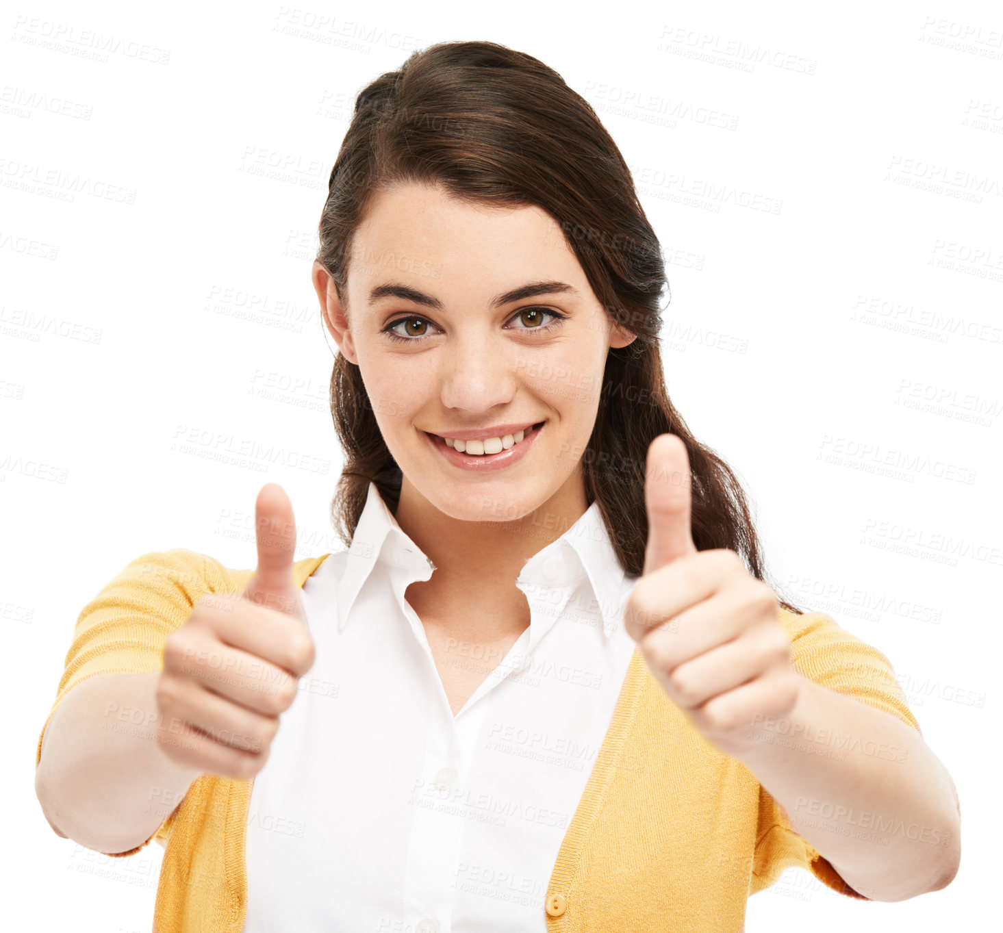 Buy stock photo Girl, happy and thumbs up in studio portrait with vote, choice or decision for education by white background. Person, woman and student with sign, icon and symbol for yes, like and agreement in Italy