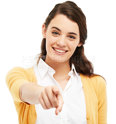 Buy stock photo Girl, smile and point at you in studio portrait with decision, recruitment and sign by white background. Student, woman and person for choice or call to action for college scholarship in Italy