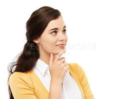 Buy stock photo Studio, thinking and woman with smile, ideas and planning of lesson, teacher and professional for education. White background, mockup and contemplating of person, knowledge and curriculum in school