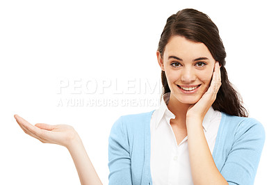 Buy stock photo Happy, woman and portrait with hand for advertisement for college recruitment and apply in studio. Student council, mockup and present promotion for university with announcement and white background