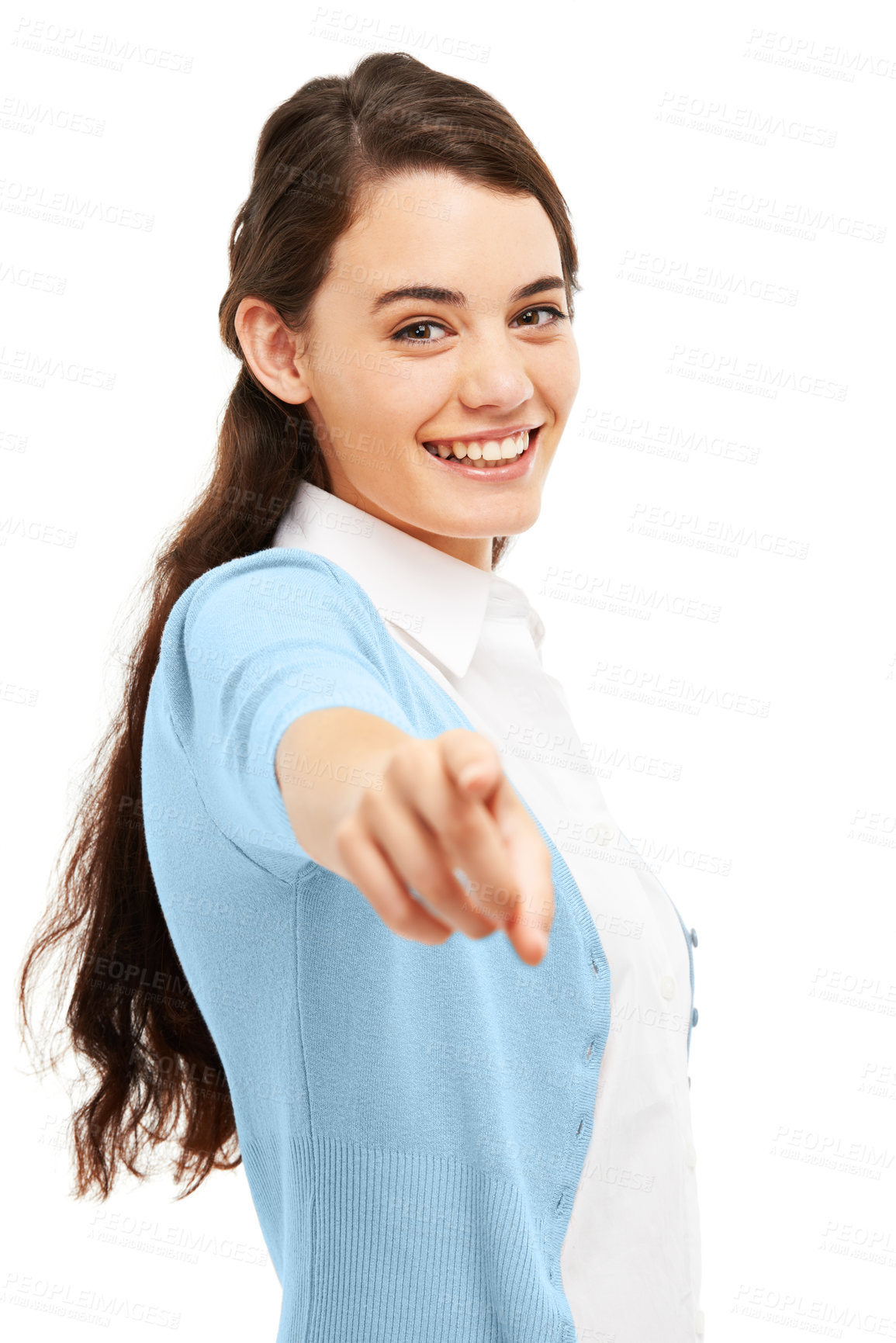 Buy stock photo Girl, happy and point at you in studio portrait with decision, recruitment and sign by white background. Student, woman and person for choice, smile or call to action for college scholarship in Italy