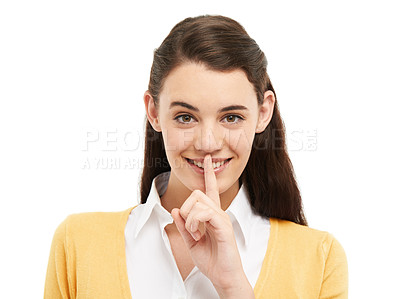 Buy stock photo Girl, finger and secret in studio portrait with silence, choice and excited with emoji by white background. Person, woman and happy with sign, icon and symbol for deal, gossip and story in Italy