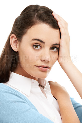 Buy stock photo Portrait, stress and woman in studio with headache, thinking and wrong decision isolated on white background. Face, migraine and sick girl massage temple for fatigue, tired and mental health crisis