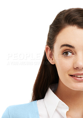 Buy stock photo Smile, thinking and mockup with woman in studio on white background for idea or brainstorming. Happy, model and decision for announcement, branding information or news promotion with empty space