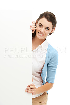 Buy stock photo Poster, wall and business woman in studio for news, announcement and information. Professional, mockup space and isolated person with banner for feedback, advertising or promotion on white background