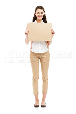 Buy stock photo Poster, business and portrait of woman in studio for news, announcement and information. Happy, mockup space and isolated person with banner for feedback, advertising or promotion on white background