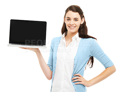 Buy stock photo Girl, student and laptop screen in studio portrait with smile, blank and mockup for education by white background. Person, woman and computer with space, empty ux and happy for scholarship in Italy