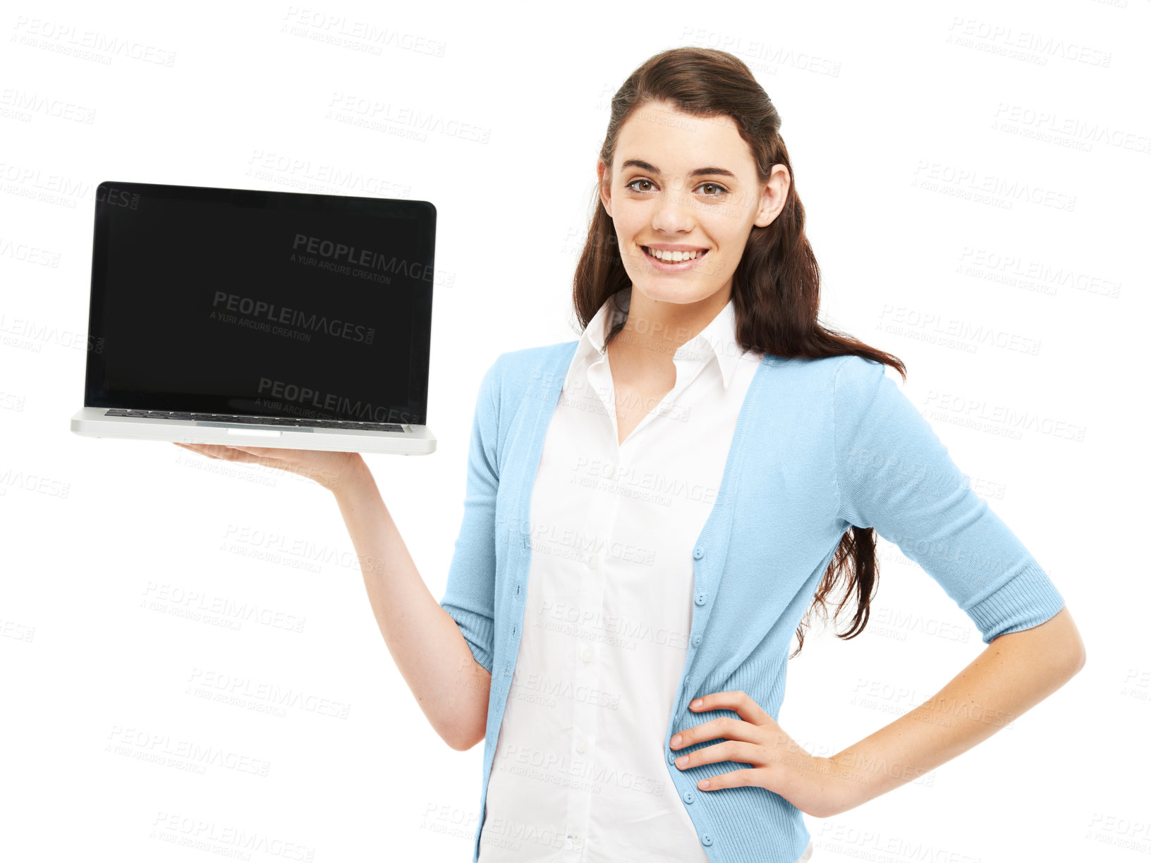 Buy stock photo Girl, student and laptop screen in studio portrait with smile, blank and mockup for education by white background. Person, woman and computer with space, empty ux and happy for scholarship in Italy