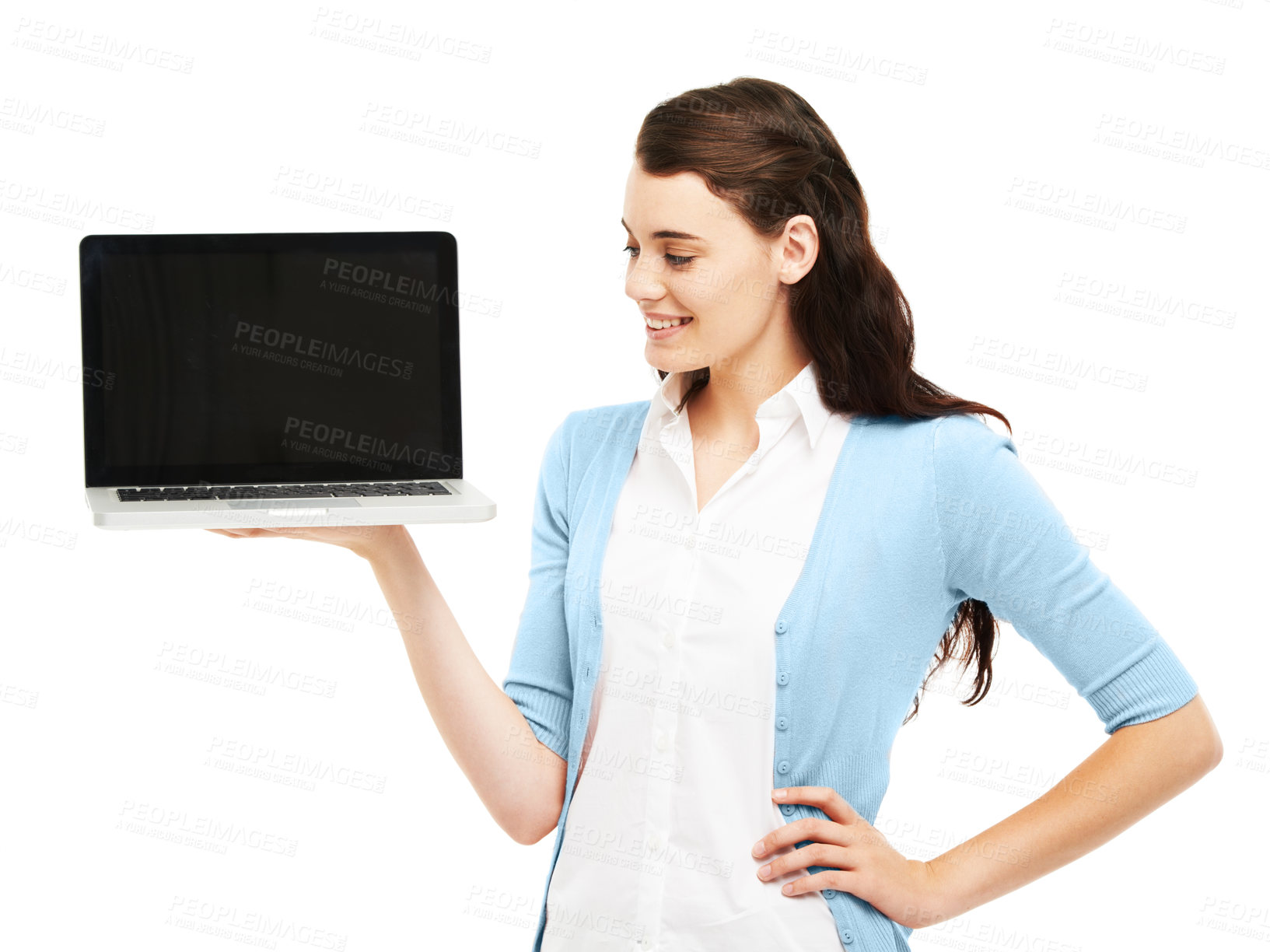 Buy stock photo Business woman showing tech product and advertising  a laptop with copy space in a white studio. Confident female smiling and presenting a digital device with a blank screen for modern promotion