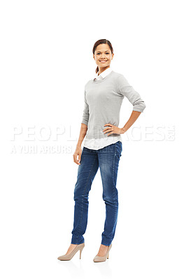 Buy stock photo Portrait, smile and confident business woman in studio isolated on white background mockup space. Happy, creative and fashion designer, seamstress and expert tailor in casual clothes in Argentina