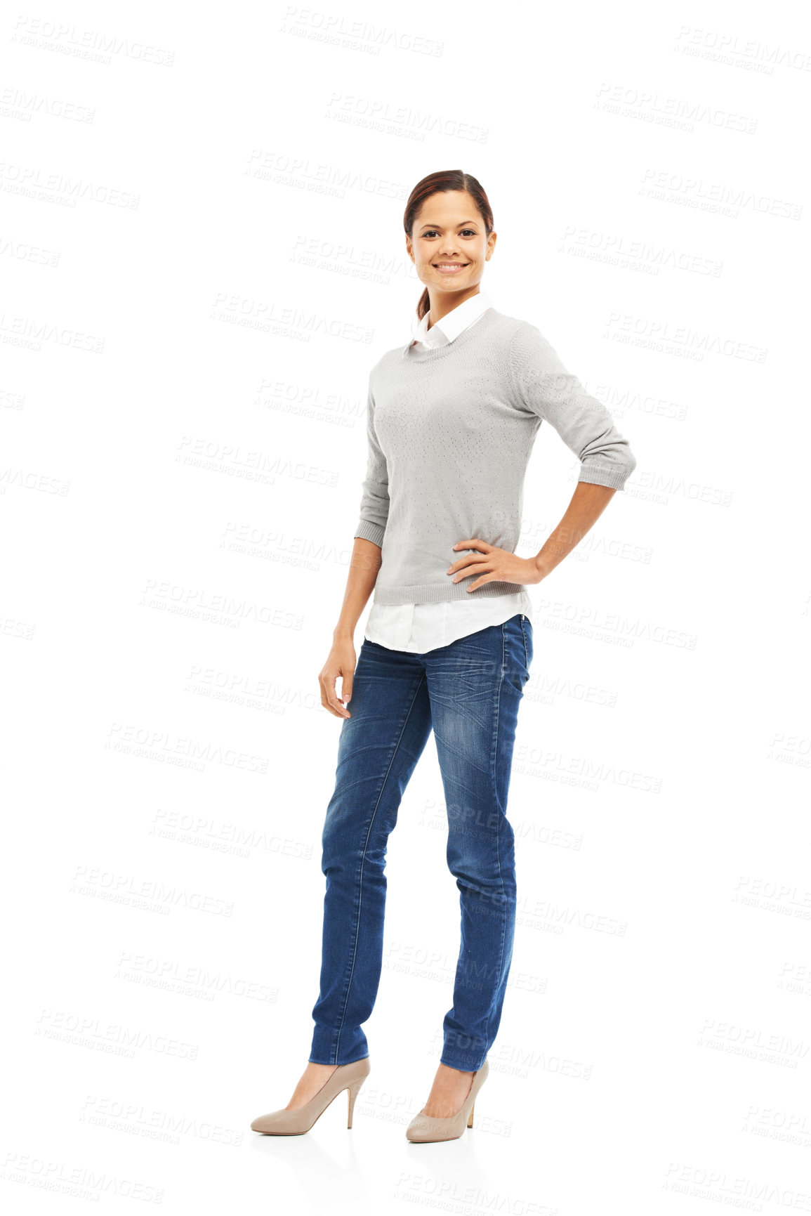 Buy stock photo Portrait, smile and confident business woman in studio isolated on white background mockup space. Happy, creative and fashion designer, seamstress and expert tailor in casual clothes in Argentina