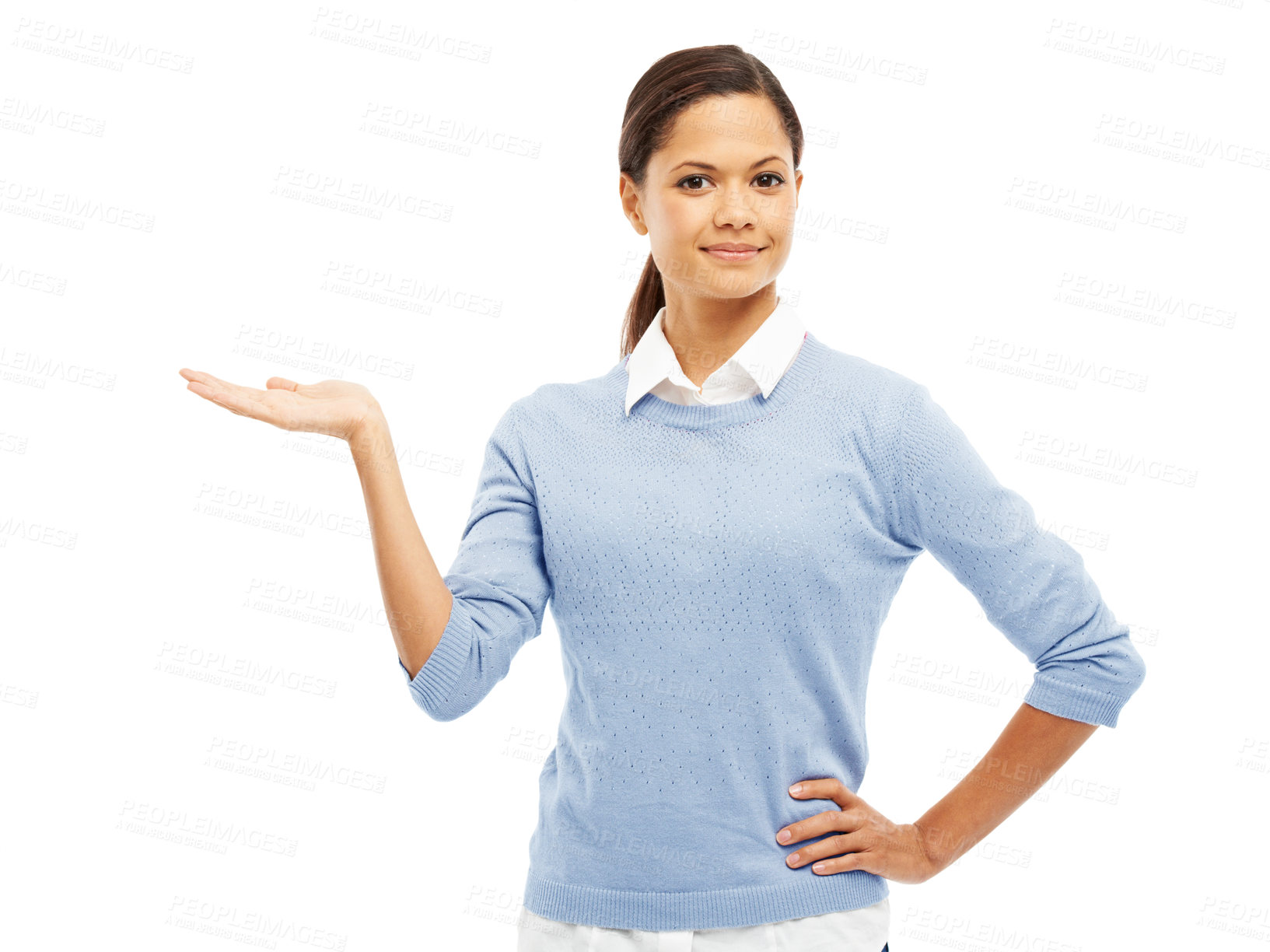 Buy stock photo Hand gesture, offer and portrait of woman in studio isolated on white background for promotion. Advertising, marketing and option with happy person on mockup space for announcement or presentation