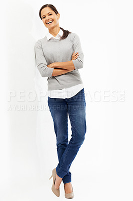 Buy stock photo Portrait, studio and woman with arms crossed, creative and ambitious in mockup space, freelancer or writer. White background, proud and smile for journalism, happy and editor in media or professional