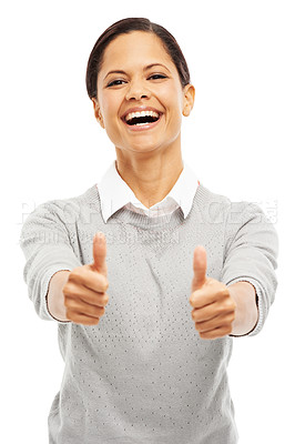 Buy stock photo Woman, thumbs up and laugh in studio portrait with happiness, confidence or success on white background. Girl, model and student with smile, hand gesture or agreement for winning, goal or achievement