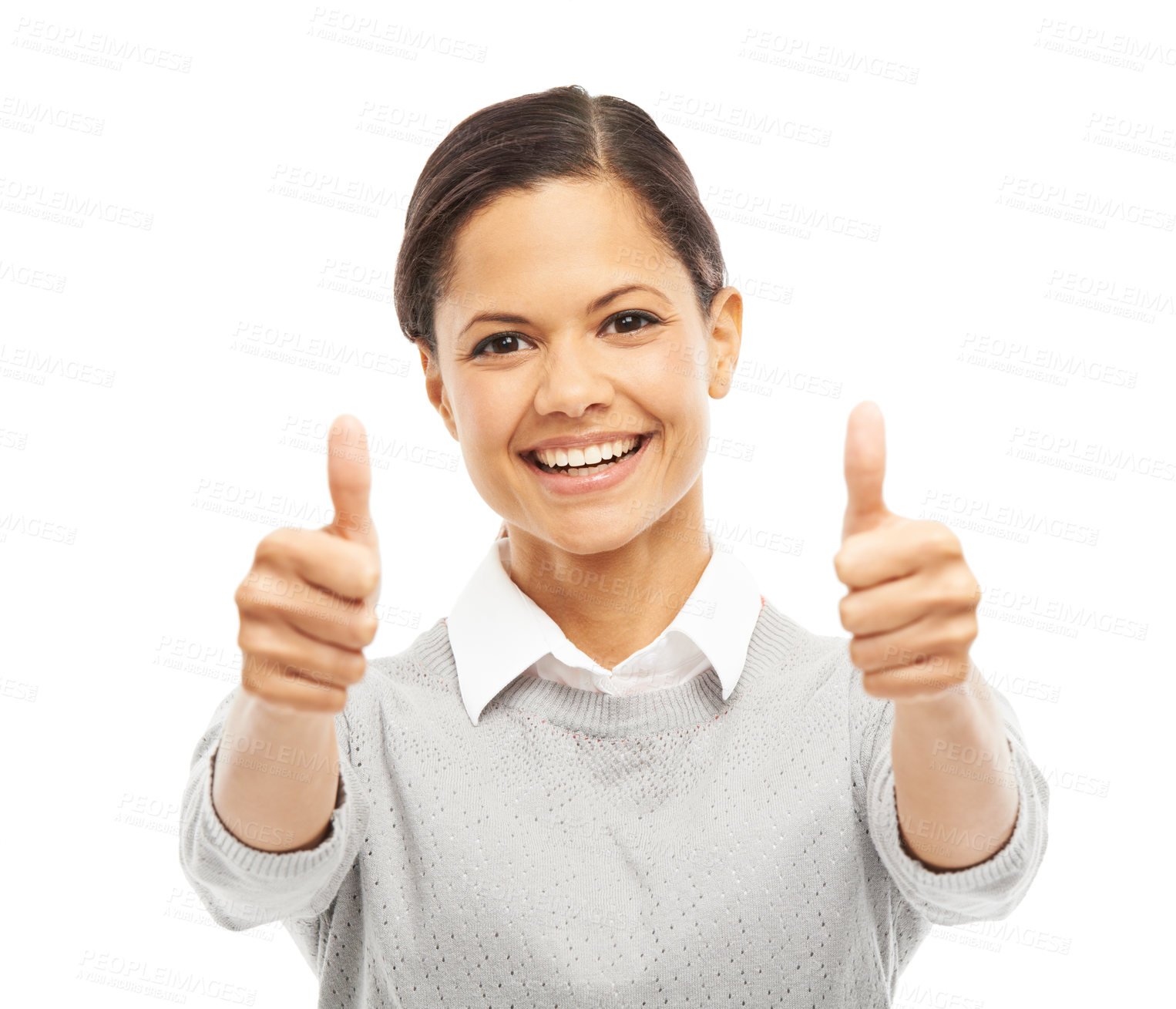 Buy stock photo Girl, thumbs up and goal in portrait with happiness, confidence or success on white studio background. Woman, model and student for smile, hand gesture or agreement for winning, praise or achievement