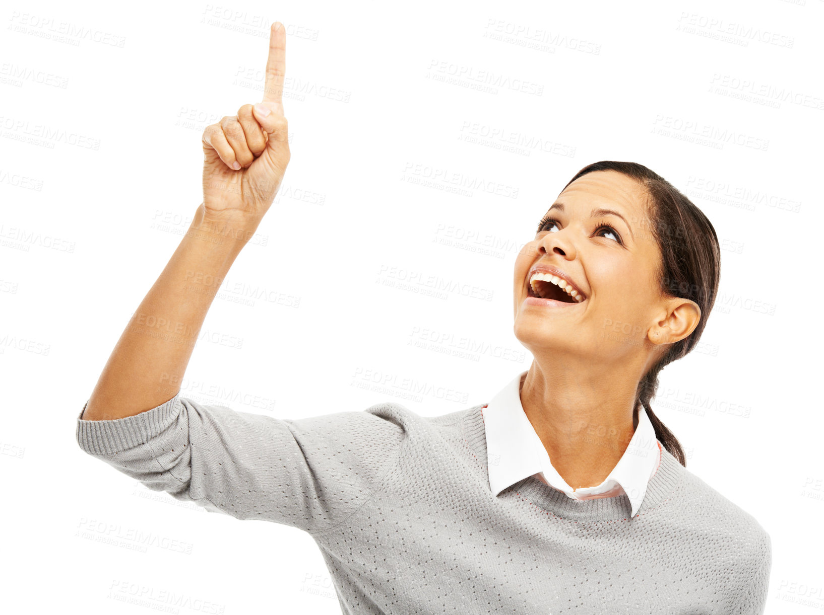 Buy stock photo Excited, woman and pointing for direction in studio of presentation news, advertising and announcement. Happy, person and hand gesture of giveaway information, opportunity advice and white background