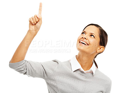 Buy stock photo Woman, happy and pointing for direction in studio of presentation news, advertising and announcement. Smile, person and hand gesture of giveaway information, opportunity advice and white background