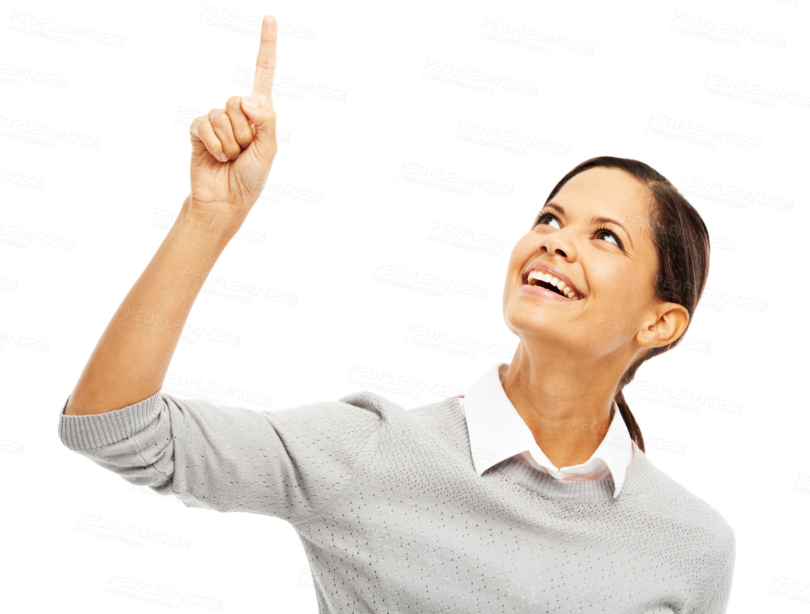 Buy stock photo Woman, happy and pointing for direction in studio of presentation news, advertising and announcement. Smile, person and hand gesture of giveaway information, opportunity advice and white background