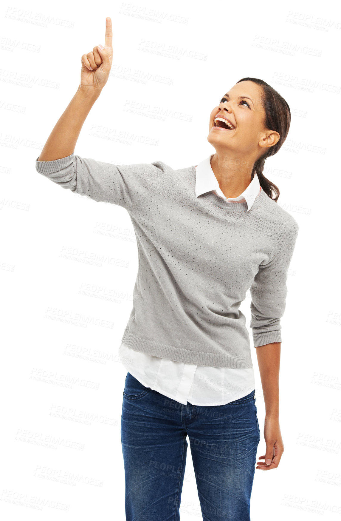 Buy stock photo Woman, laughing and pointing for direction in studio of presentation news, advertising and announcement. Smile, person or hand gesture of giveaway information, opportunity advice and white background