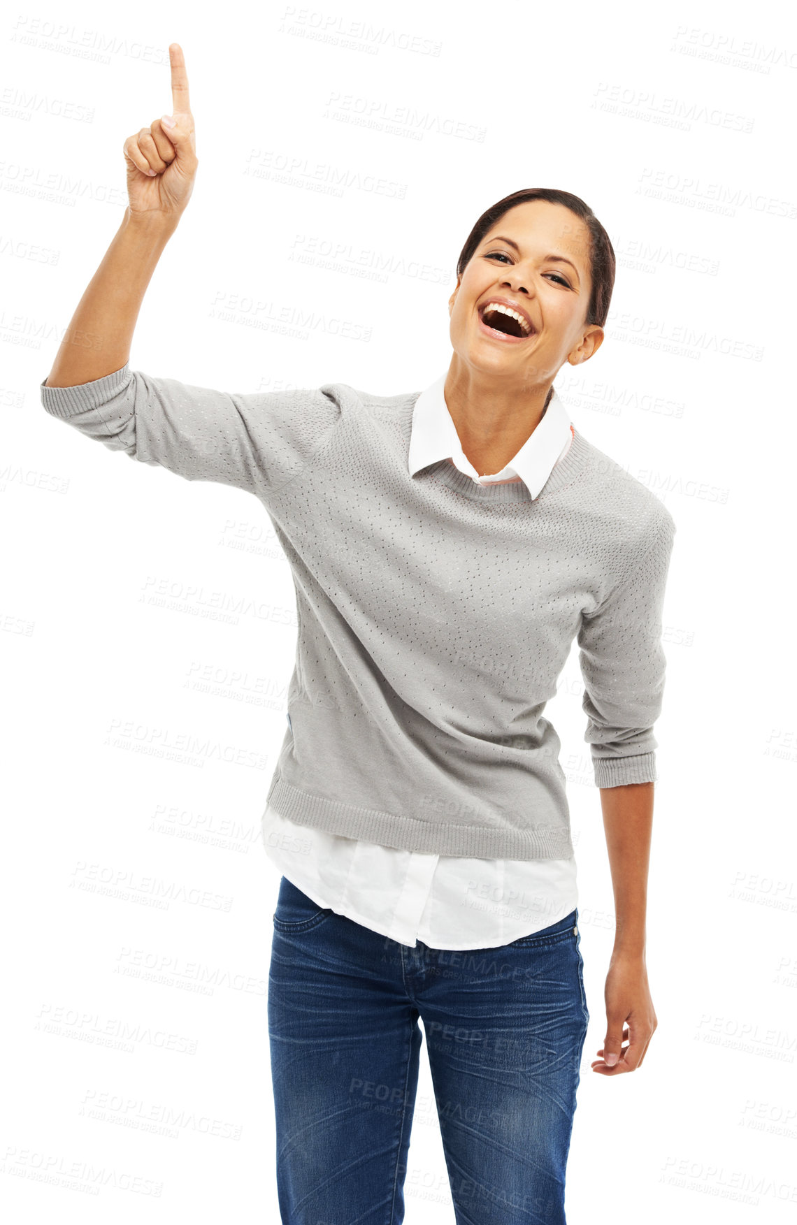 Buy stock photo Portrait, woman and laugh with pointing in studio of presentation news, advertising and announcement. Smile, person or hand gesture of giveaway information, opportunity direction and white background