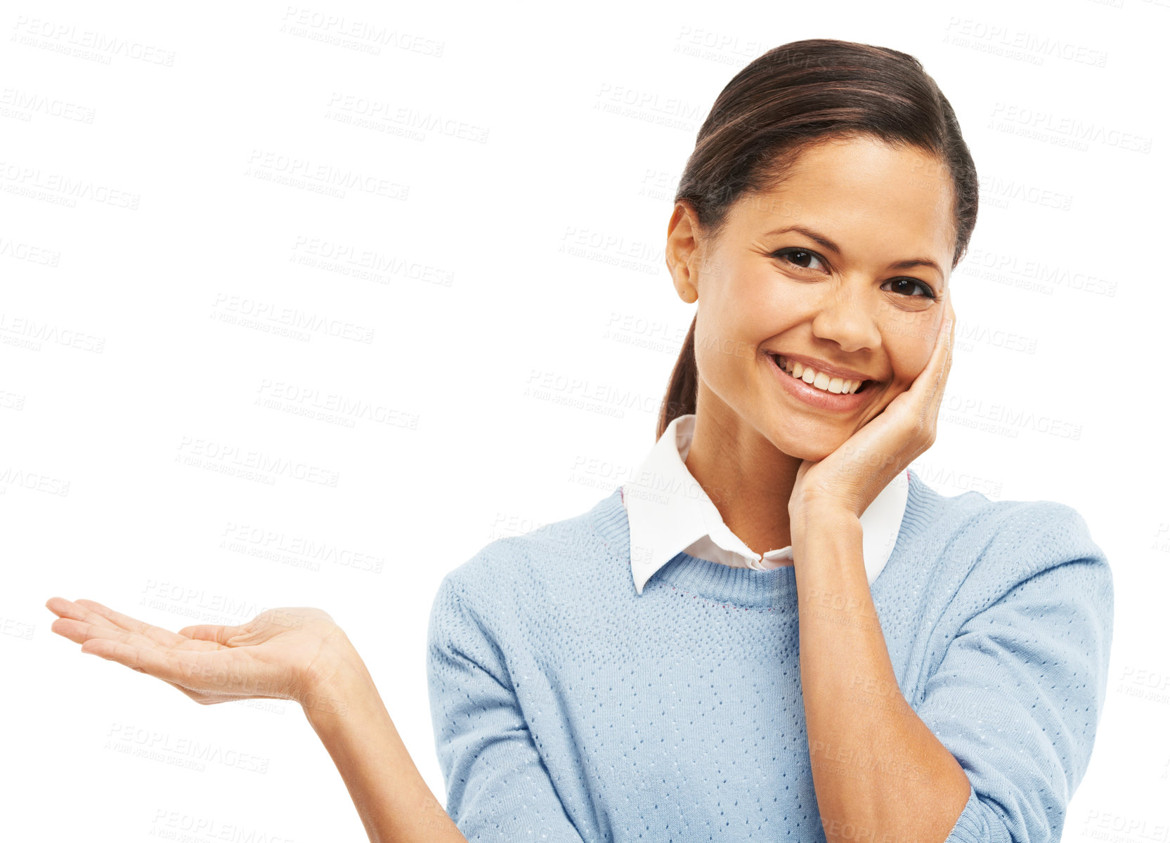 Buy stock photo Portrait, woman and palm for decision in studio with promotion choice, opportunity news and advertising. Smile, female person and pride for presentation offer, sign up and opinion on white background