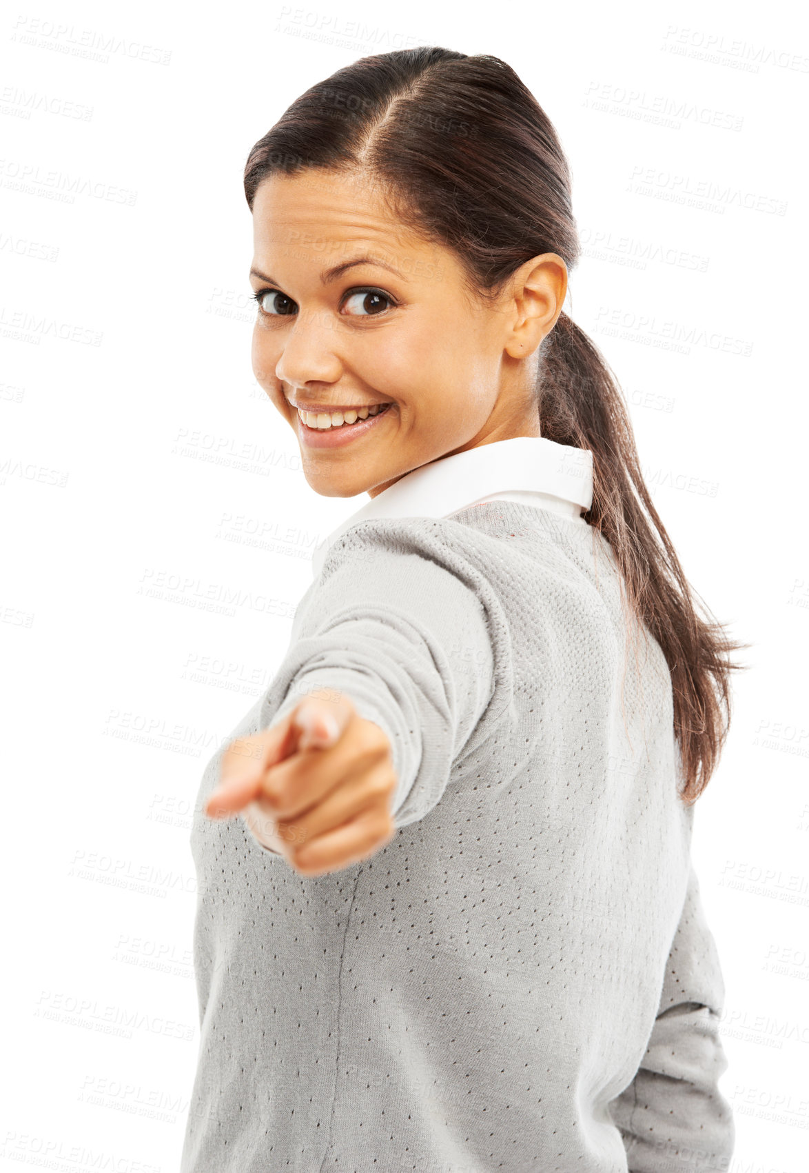 Buy stock photo Portrait, woman and pointing for selection in studio of recruitment, job offer and announcement success. Smile, person and hand gesture of hiring welcome, promotion opportunity and white background