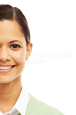 Buy stock photo Portrait, smile and woman as school teacher for education with white background. Female person, half face and positive as guidance counsellor for learning or development with mockup space in Chile