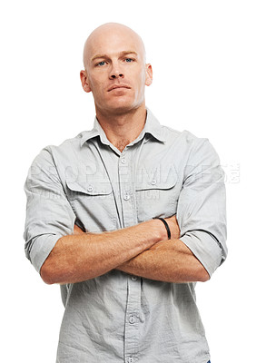 Buy stock photo Crossed arms, serious and portrait of man in studio with confidence for tough career in carpentry. Pride, person and male industrial worker for leadership with job isolated by white background.