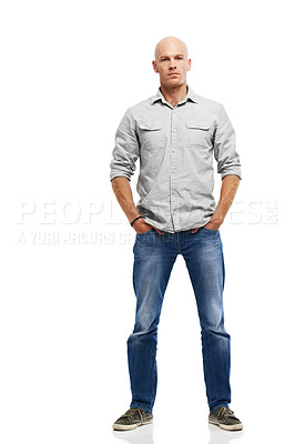 Buy stock photo Fashion, serious and portrait of man in studio with confidence for tough career in carpentry. Pride, person and male industrial worker with style for contractor job isolated by white background.