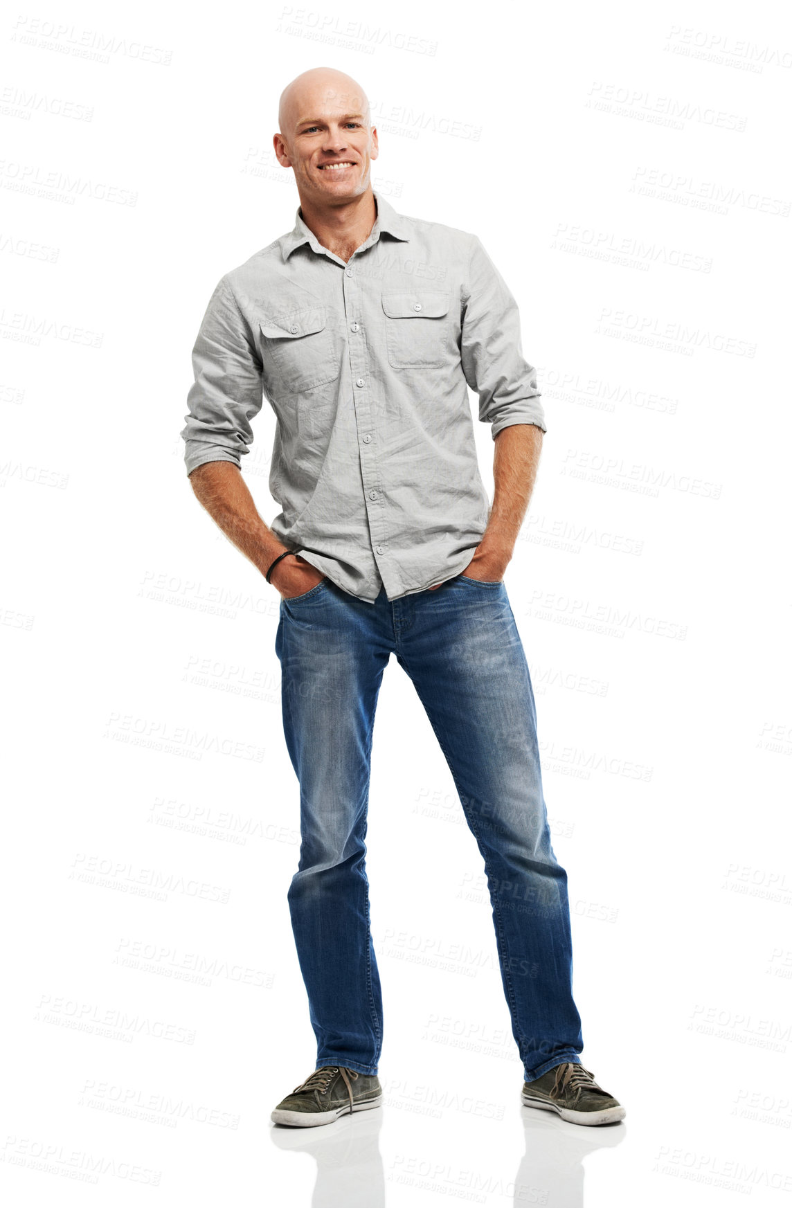 Buy stock photo Fashion, happy and portrait of man in studio with confidence for tough career in carpentry. Smile, person and male industrial worker with style for contractor with job isolated by white background.