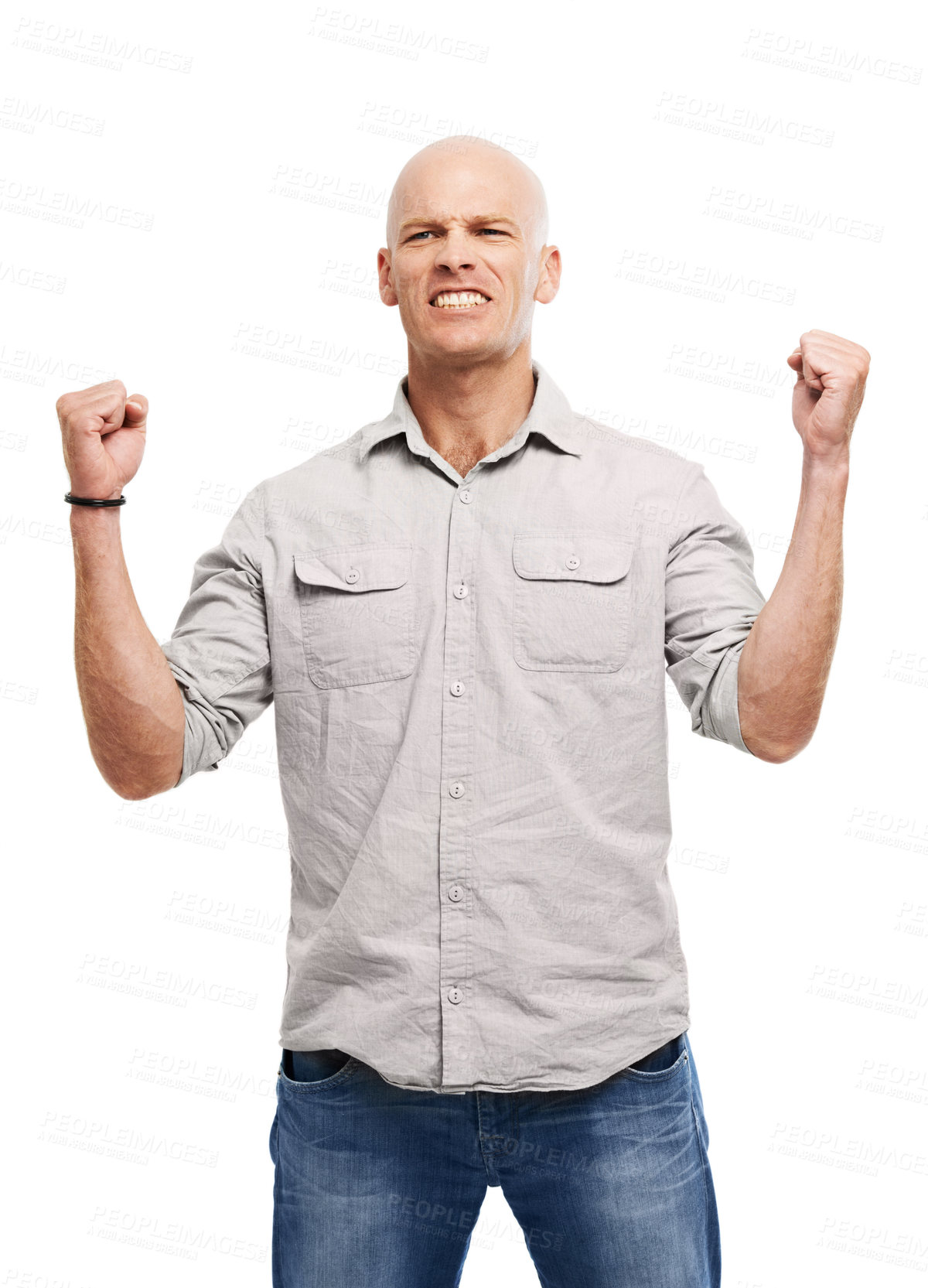 Buy stock photo Cheerful, excited and man in studio for winning, achievement and celebration in creative agency. Happy winner, male person and yes with fist gesture by white background for victory, target or success