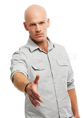 Buy stock photo Man, portrait and serious in studio with handshake, greeting and introduction for business meeting  Career, male person and assertive with shaking hands for welcome, agreement and white background