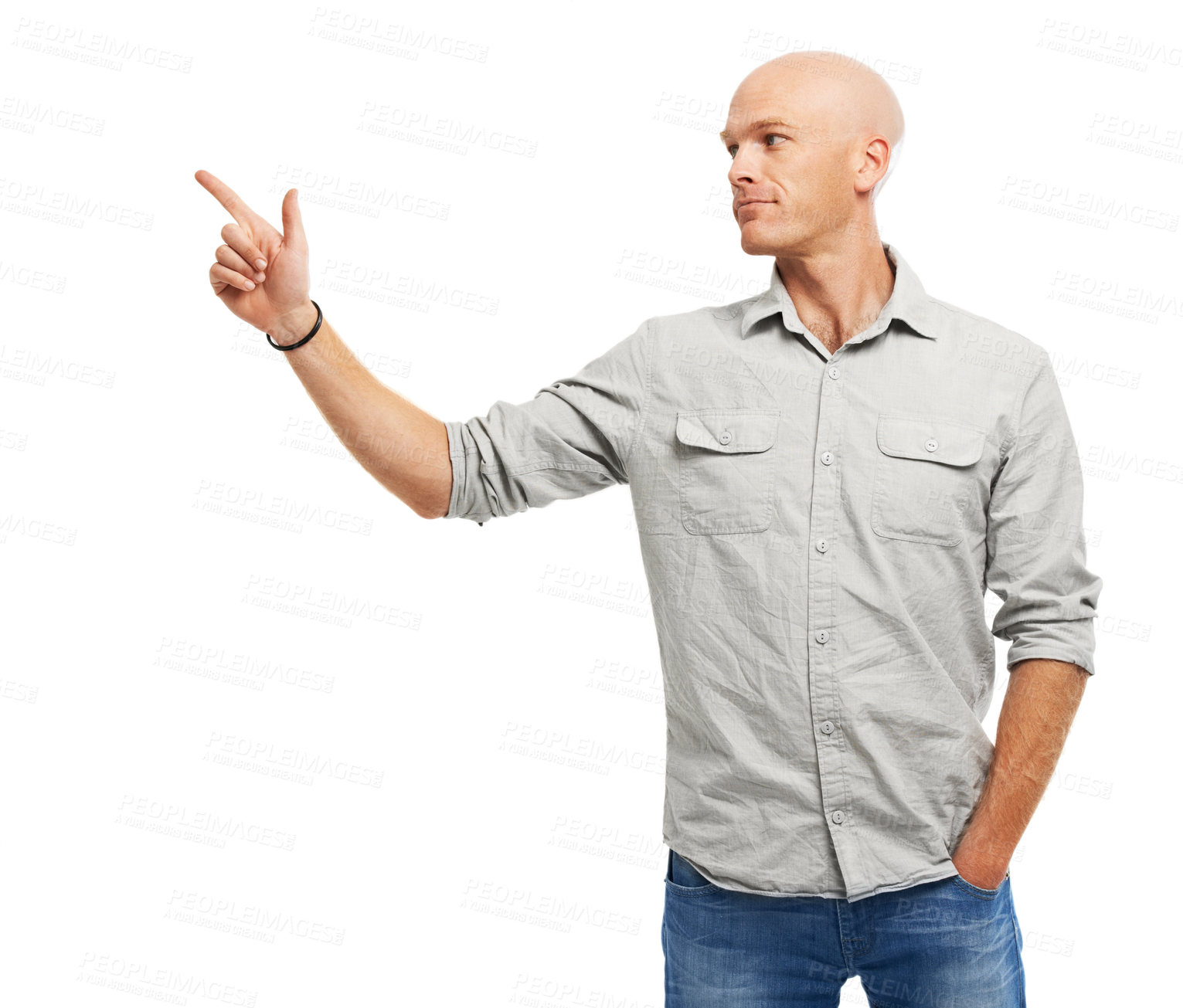 Buy stock photo Pointing, mockup space and man in studio for marketing, advertising or promotion menu. Happy, choice and male person with presentation hand gesture for option, vote or decision by white background.