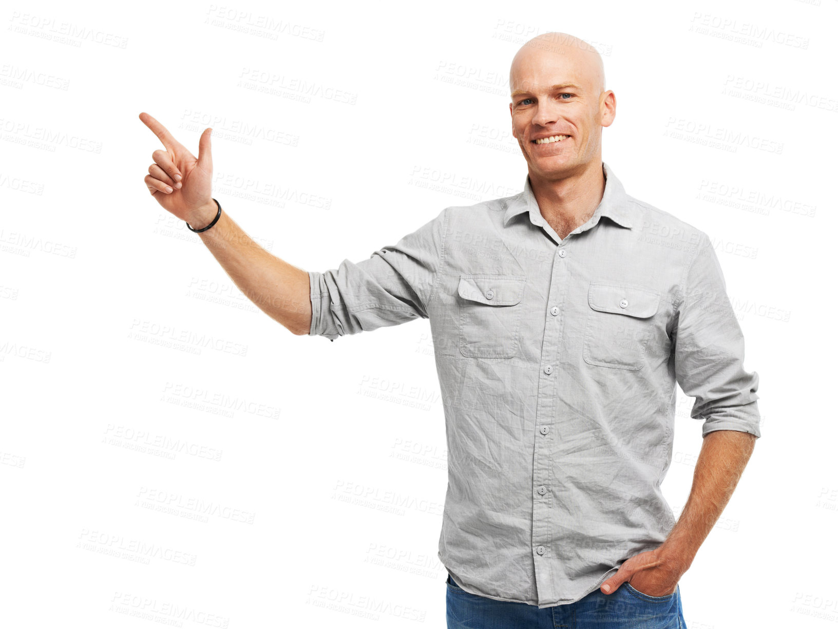 Buy stock photo Pointing, mockup and portrait of man in studio for marketing, advertising or promotion. Happy, choice and person with presentation hand gesture for option, vote or decision by white background.