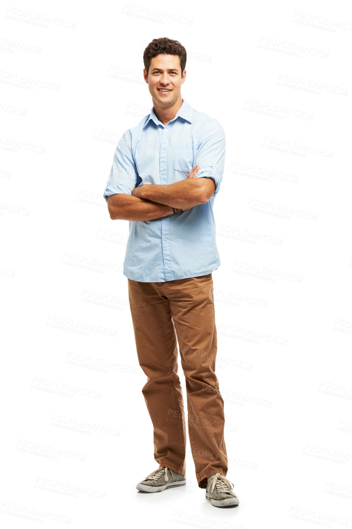 Buy stock photo Smile, man and fashion in studio with arms crossed on white background with style and outfit . Male person, portrait and happy or satisfied with confidence in comfortable clothes for fun and isolated