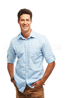 Buy stock photo Portrait of a handsome young man standing with his hands in his pockets