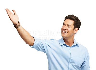 Buy stock photo Review, presentation and man in studio pointing at promotion offer, choice or happy decision. Announcement, opportunity or person with smile showing direction, deal info or advice on white background