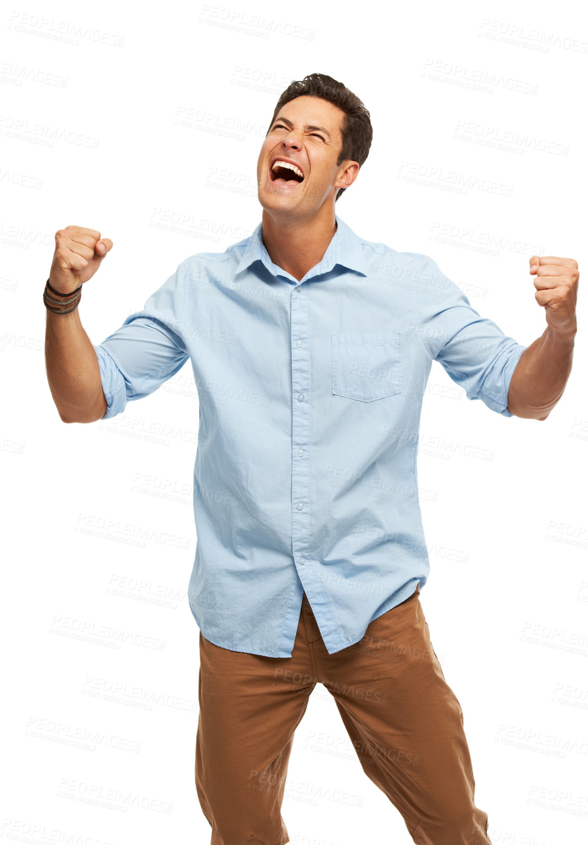 Buy stock photo Studio, success and man with excited cheers for news announcement, happy celebration or winning. Creative, victory and champion person with achievement, positive attitude or smile on white background