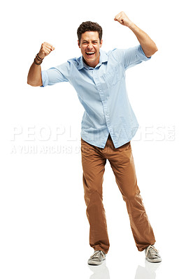 Buy stock photo Studio, winning and man with hands up for celebration, news announcement and happy success.  Creative, professional and excited person with achievement, positive attitude or smile on white background