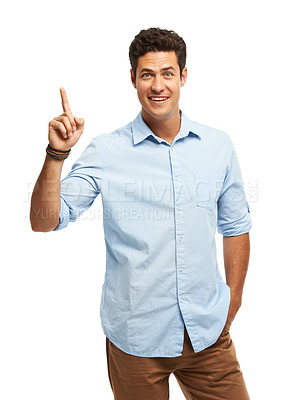 Buy stock photo Pointing, happy and portrait of man in studio for advertising, promotion or brainstorming for marketing. Smile, presentation and male writer with creative plan for book publishing by white background