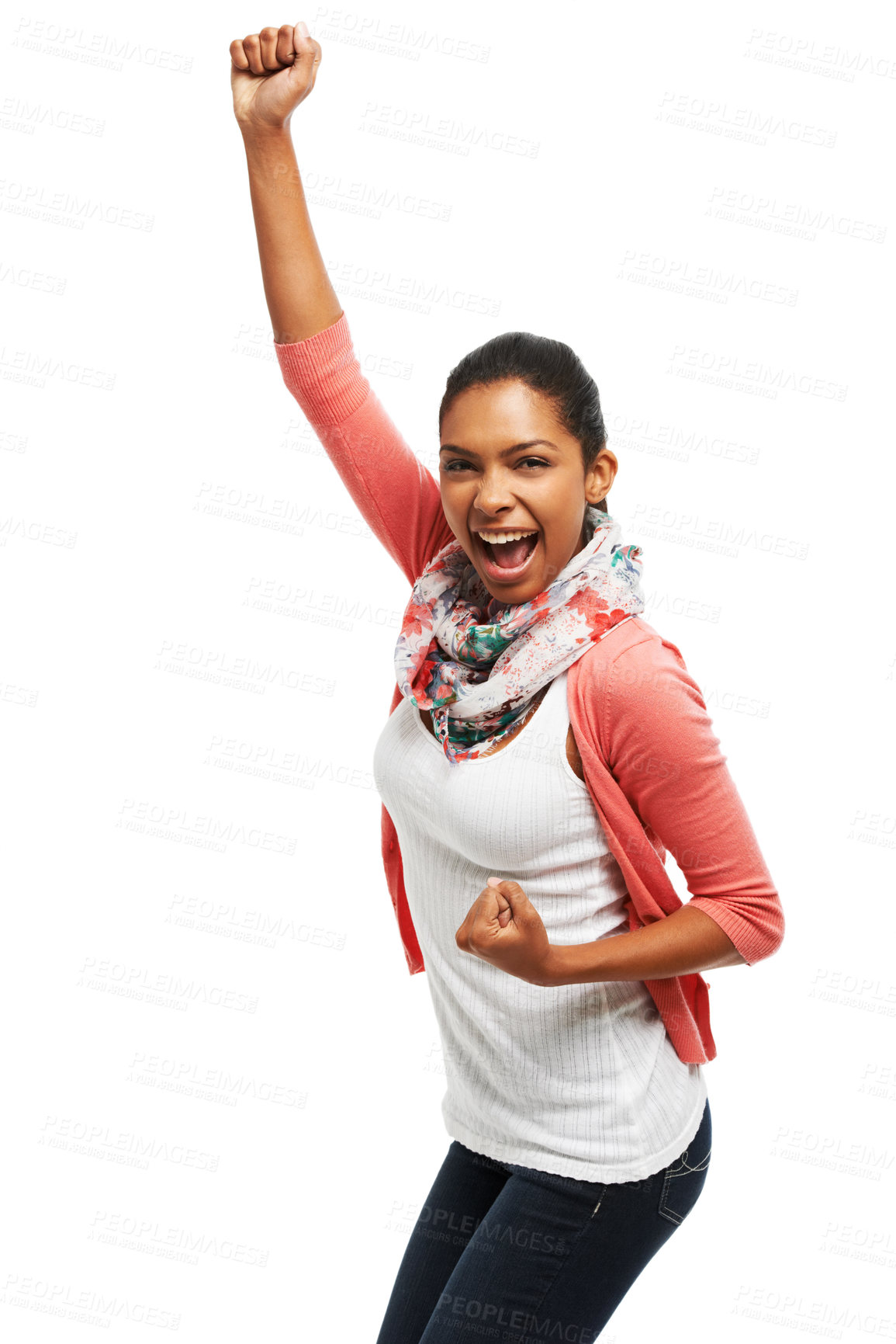 Buy stock photo Portrait of an attractive young woman cheering happily